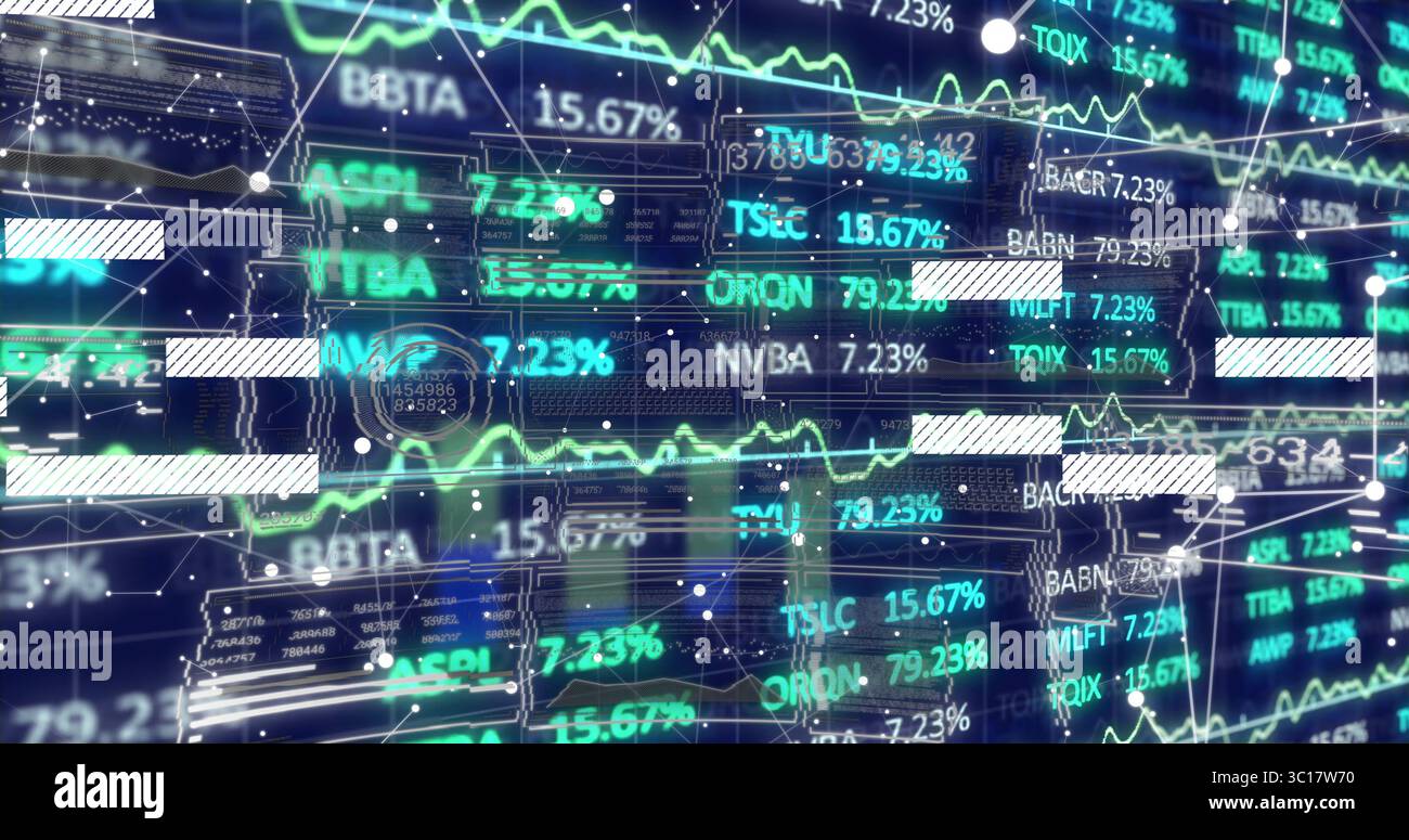 Visualizzazione dei dati di mercato sulla piattaforma digitale, con simboli di ticker e grafici a linee al neon Foto Stock
