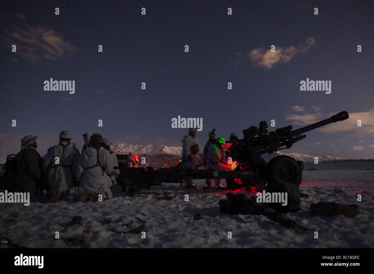 16 gennaio 2019 - Joint base Elmendorf-Richardson, Alabama, U.S. - U.S. Army paracadutisti con Bravo Battery, 2nd Battalion, 377th Parachute Field Artillery Regiment, 4th Infantry Brigade Combat Team (Airborne), 25th Infantry Division, U.S. Army Alaska, allestì un obice M119 105 mm a Malemute Drop zone mentre conduceva un'operazione di entrata forzata aerea a Richardson base Elmendorf-16 gennaio 2019. I paracadutisti del 1st Battalion, del 501st Parachute Infantry Regiment e del 2nd Battalion, del 377th Parachute Field Artillery Regiment condussero un'operazione di entrata forzata in volo e follo Foto Stock