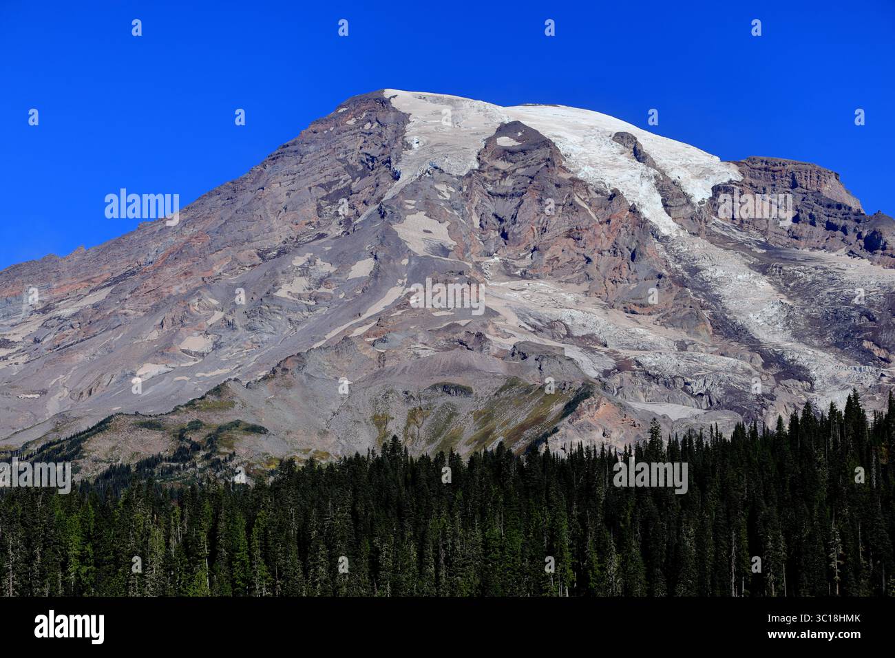 Il ghiaccio glaciale scorre lungo i pendii vulcanici intemprati sopra un picco torreggiante, con una fitta foresta sempreverde che tappezza i fianchi inferiori aspri del Monte Rainier. Foto Stock