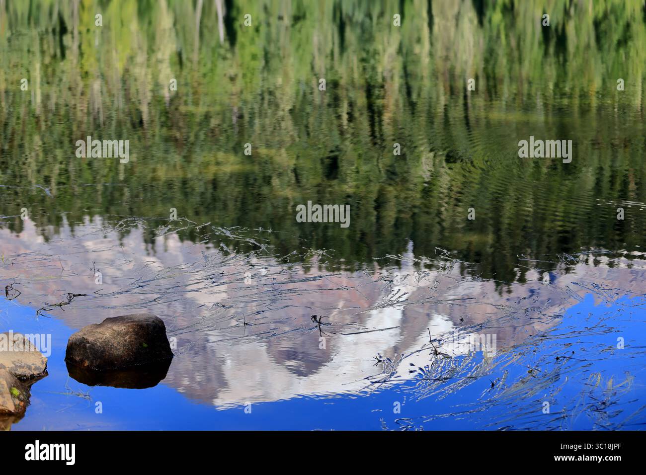 Una roccia solitaria galleggia sul bordo dell'acqua mentre le increspature distorcono una foresta sempreverde specchiata e le pendici di montagna distanti sotto un cielo azzurro e sereno. Foto Stock