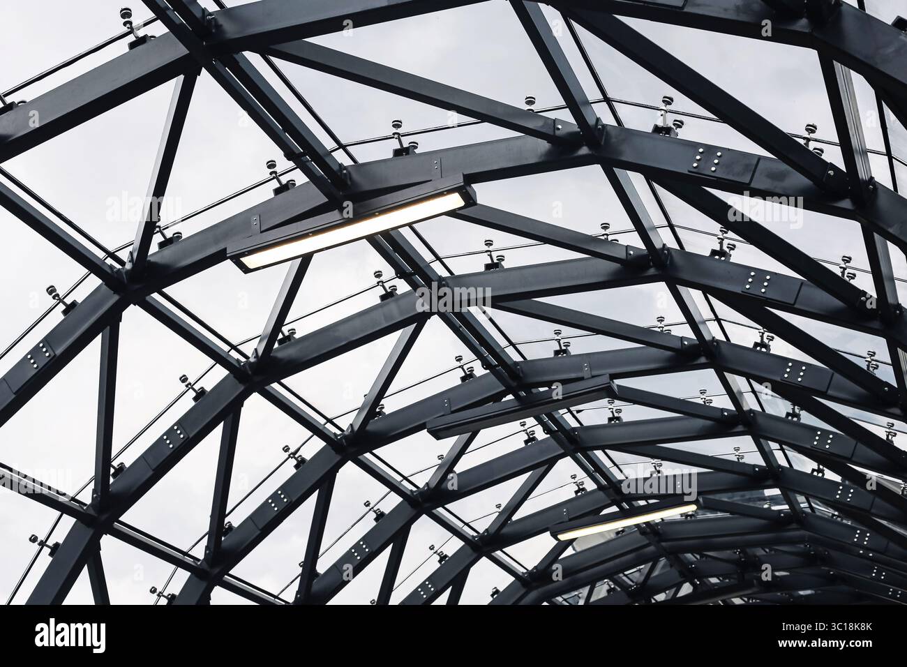 Moderna struttura in vetro d'acciaio. Dettagli architettonici del soffitto con telai geometrici in metallo. Design industriale con pannelli in vetro e illuminazione. Foto Stock