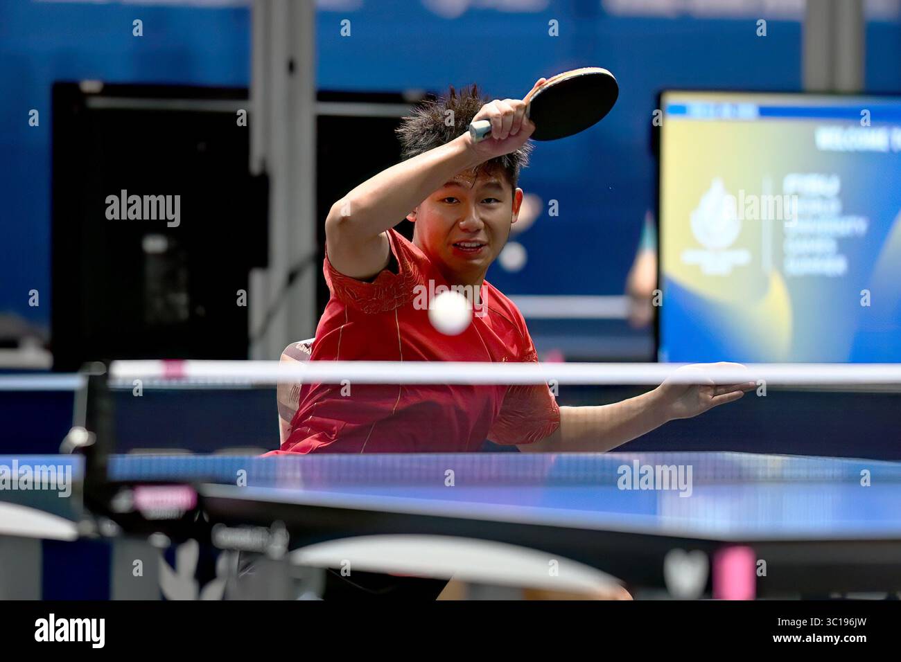 Essen, Germania. 22 luglio 2025. Rhine-Ruhr 2025 FISU Games - Tischtennis am 22.07.2025 in der Messe Essen in Essen Herren Einzel: Ao Hualei ( CHN ) foto: Revierfoto crediti: ddp media GmbH/Alamy Live News Foto Stock
