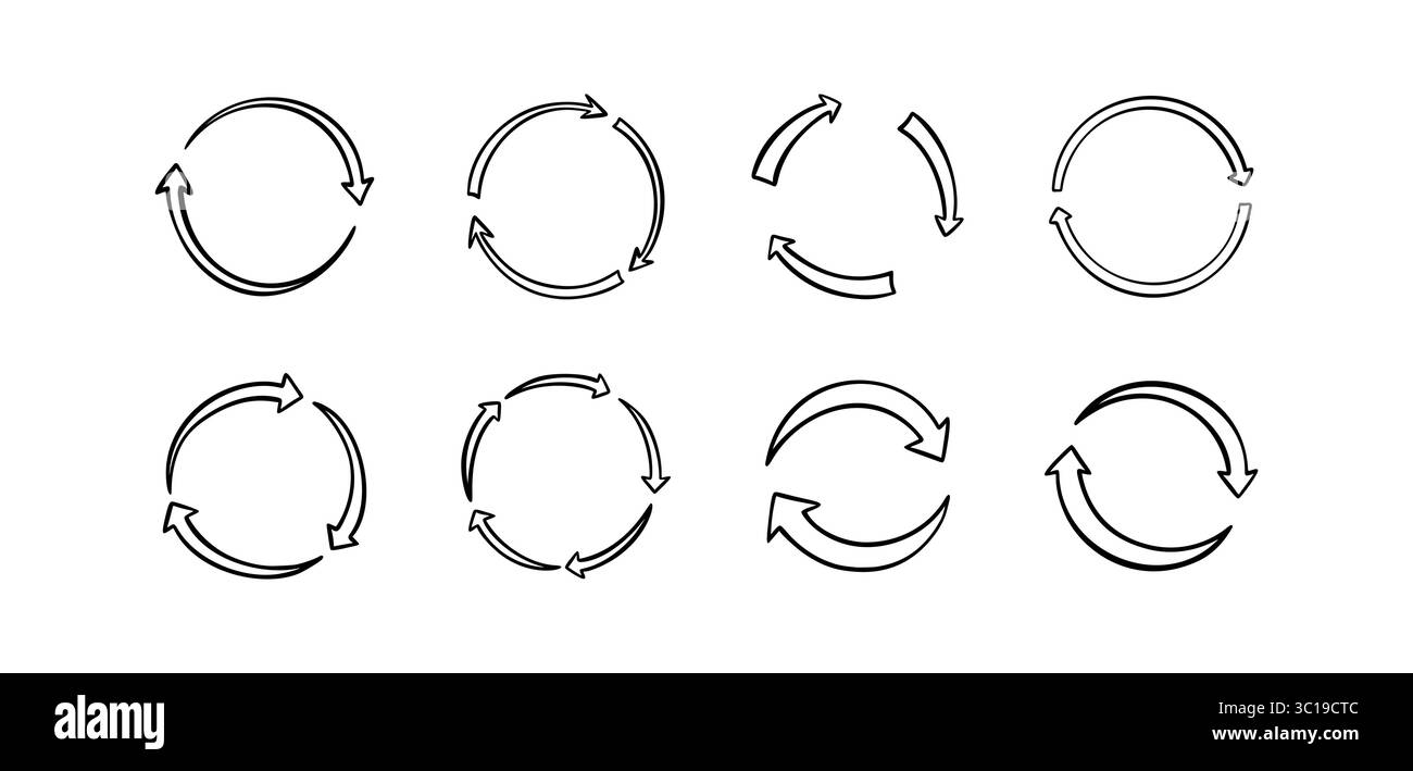 Set di icone circolari con freccia per scarabocchi disegnate a mano. Disegno simbolo di riciclo rotondo. Indicatore di processo, caricamento, reset, aggiornamento. Segno circolare di rotazione. Scrittura a mano Illustrazione Vettoriale