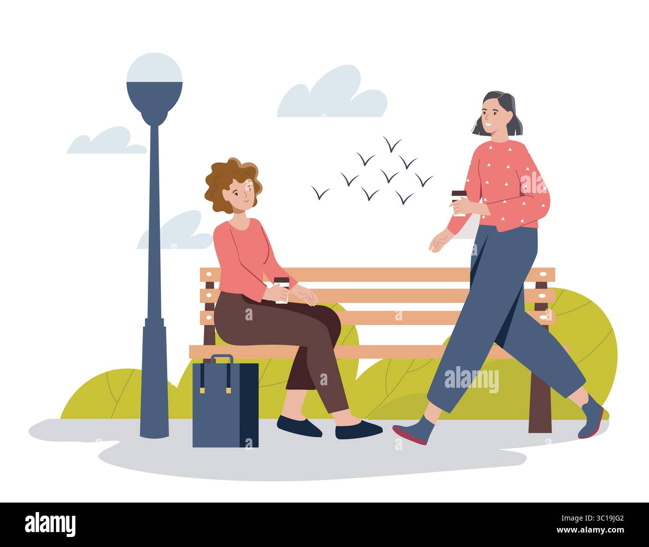 Due donne che chiacchierano nella scena del parco. Illustrazione vettoriale Illustrazione Vettoriale