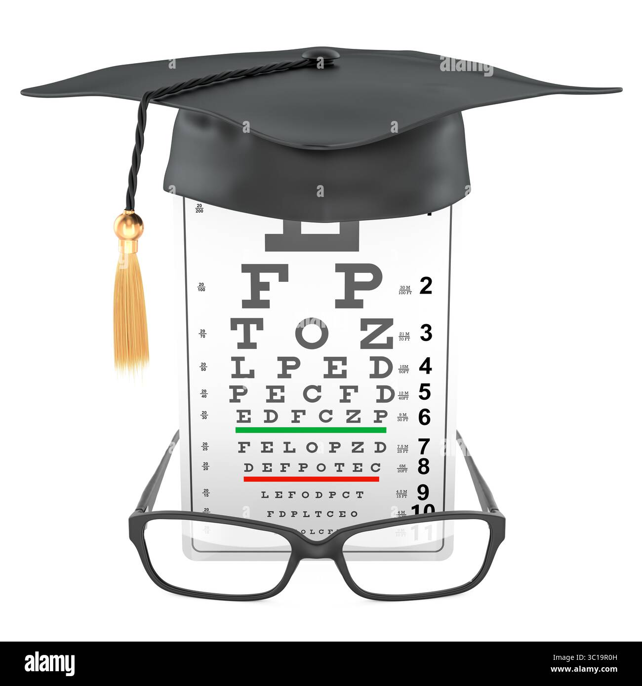 Tabella di prova visiva con tappo graduato e occhiali. Rendering 3D isolato su sfondo bianco Foto Stock