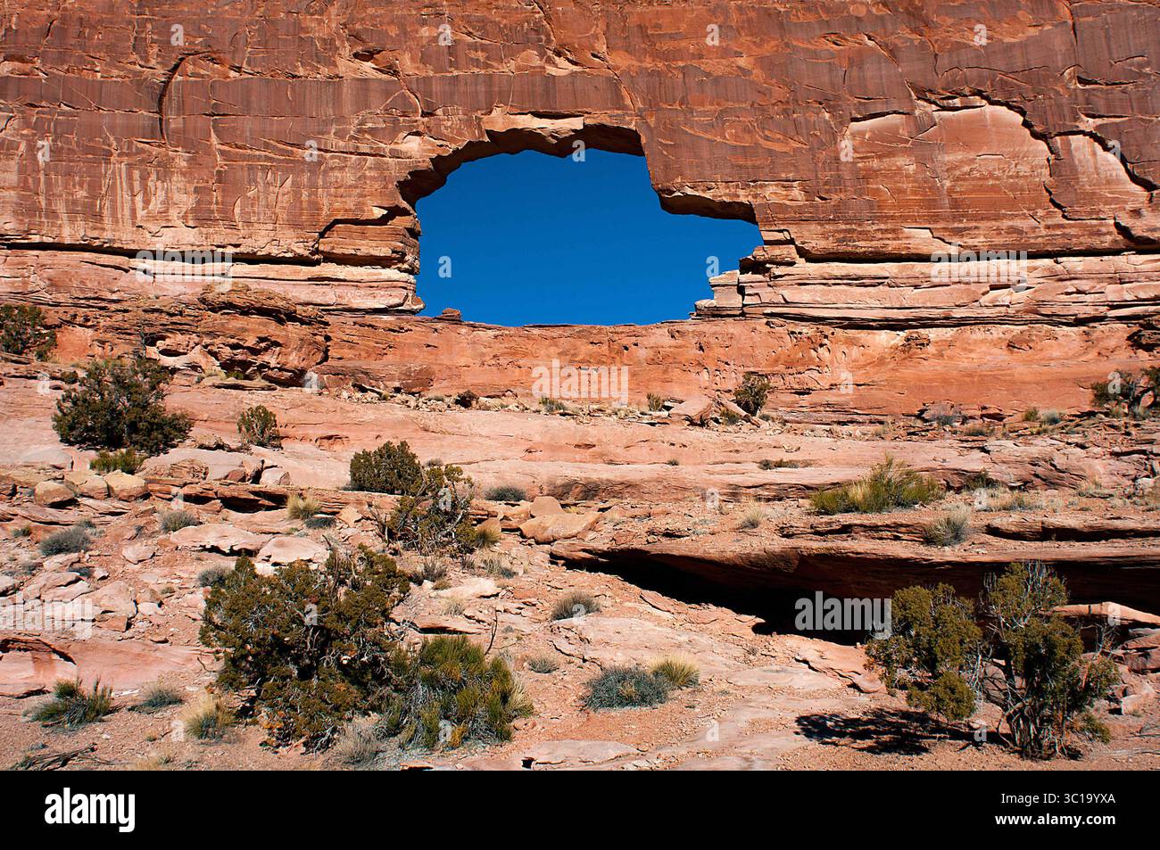 Gennaio 2019: Antiche pareti del canyon e profondi cieli invernali fanno da cornice allo spettacolare Gold Bar Arch, noto anche come Jeep Arch, che si trova appena fuori dal Canyonlands National Park, sul territorio del Bureau of Land Management degli Stati Uniti vicino a Moab, Utah. Larry Clouse/CSM(immagine di credito: &Copy; Larry Clouse/CSM tramite cavo ZUMA) Foto Stock
