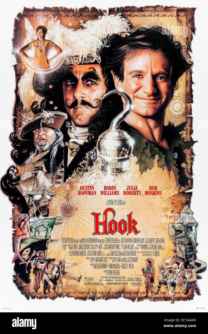 Hook (1991) diretto da Steven Spielberg e interpretato da Robin Williams, Dustin Hoffman e Julia Roberts. Peter Pan, un adulto, torna a Neverland per salvare i suoi figli dal malvagio Capitan Uncino in questa fantasiosa avventura fantasy. Fotografia di un poster originale degli Stati Uniti del 1991 con un foglio contenente opere d'arte di Drew Struzan SOLO PER USO EDITORIALE. Crediti: BFA / TriStar Pictures Foto Stock