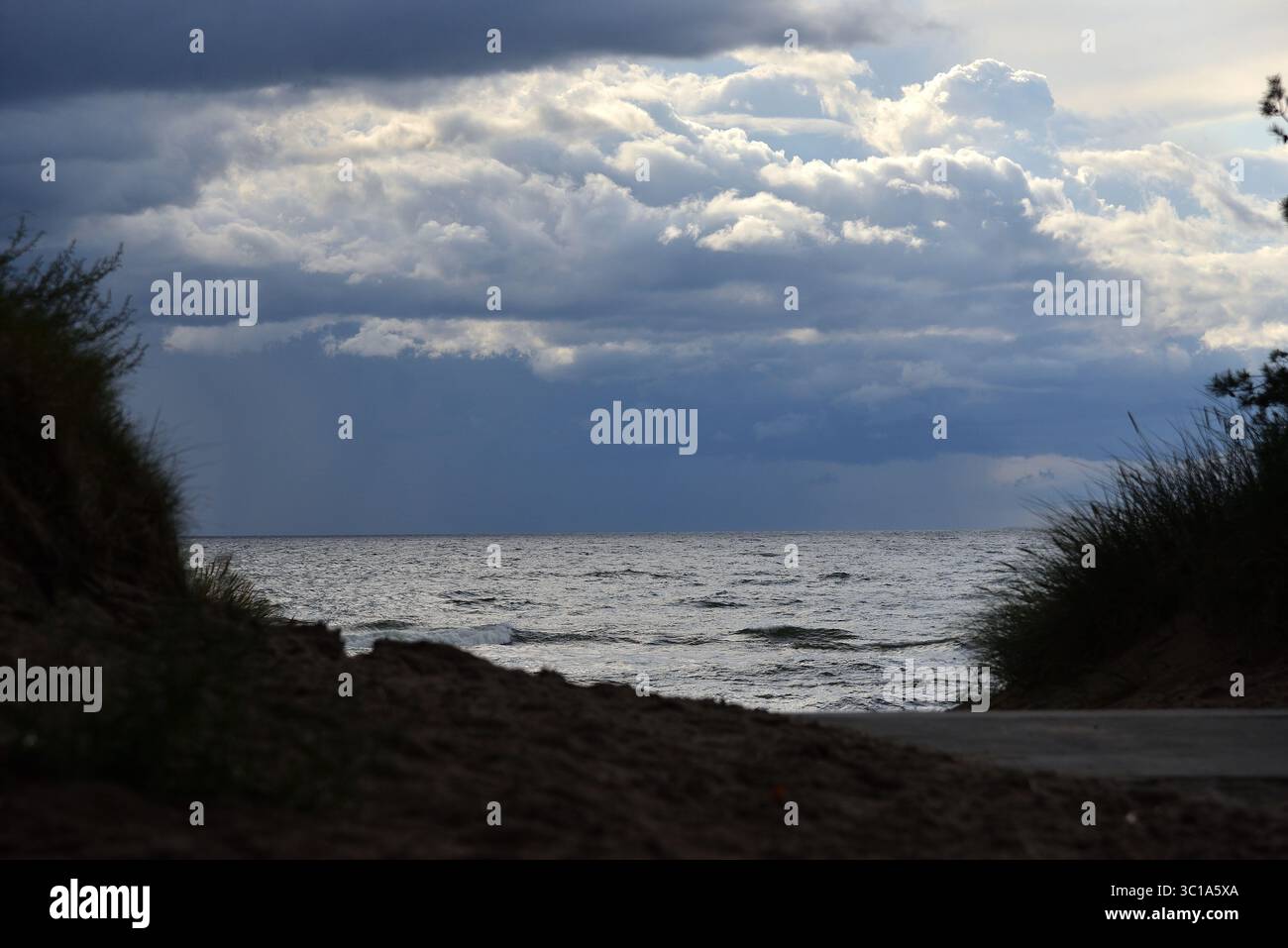 Ammira attraverso le dune il Mar Baltico sotto un cielo spettacolare e nuvoloso con una pioggia lontana. Foto Stock