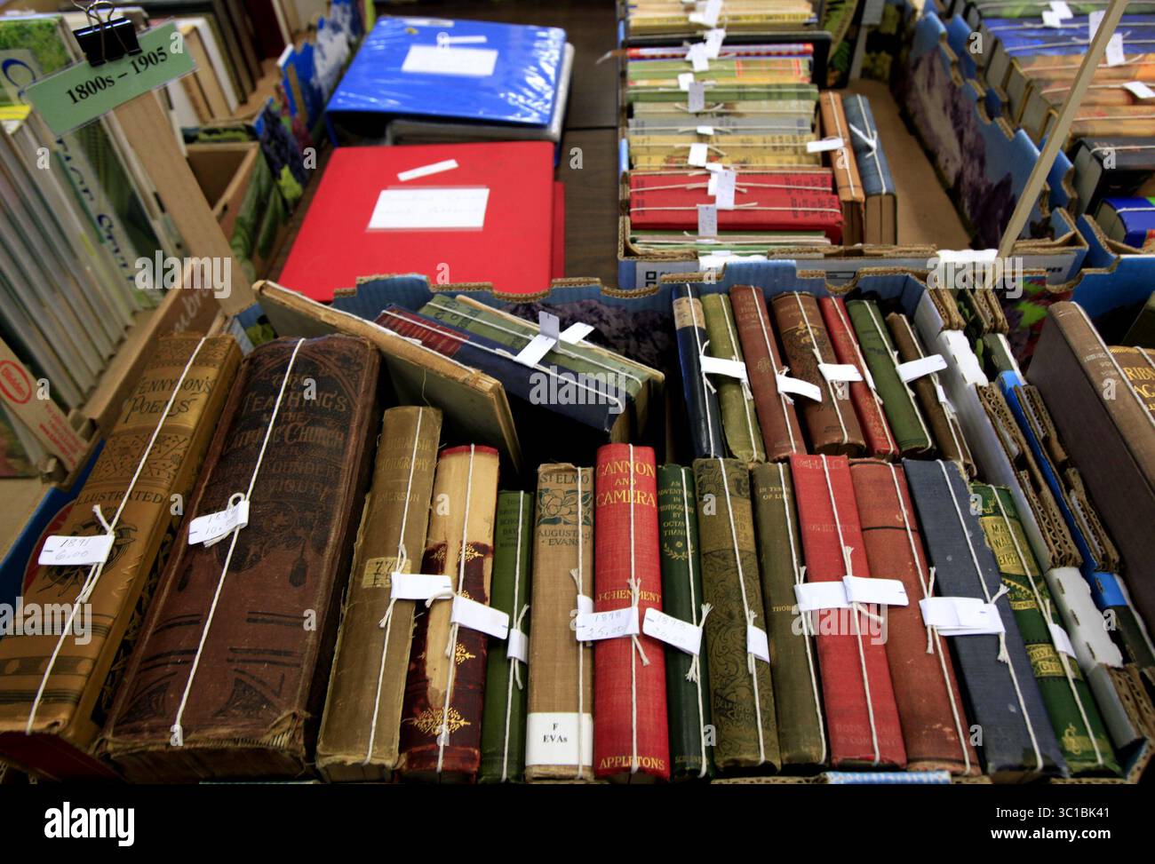 10 maggio 2012 - Stati Uniti - i libri vecchi e rari vengono donati alla mega-vendita di libri usati di Book'Em, che beneficia di un fondo per la prevenzione del crimine. 10 maggio 2012. JOEL t è il ventesimo libro annuale. La mega-vendita di libri usata da Bloomington, che beneficia di un fondo per la prevenzione del crimine, è cresciuta così tanto che attira i commercianti di libri e si fa portavoce da fuori Stato. Più di 60 volnteers iniziano a lavorare all'evento a marzo, e i volontari principali raccolgono libri, DVD e altri oggetti tutto l'anno. L'anno scorso la vendita ha incassato 120 000 dollari, vendendo ogni articolo da 1 a 2 dollari. Una caratteristica dell'evento e della sua preparazione. (Immagine di credito: Joel Koyama/Minnea Foto Stock