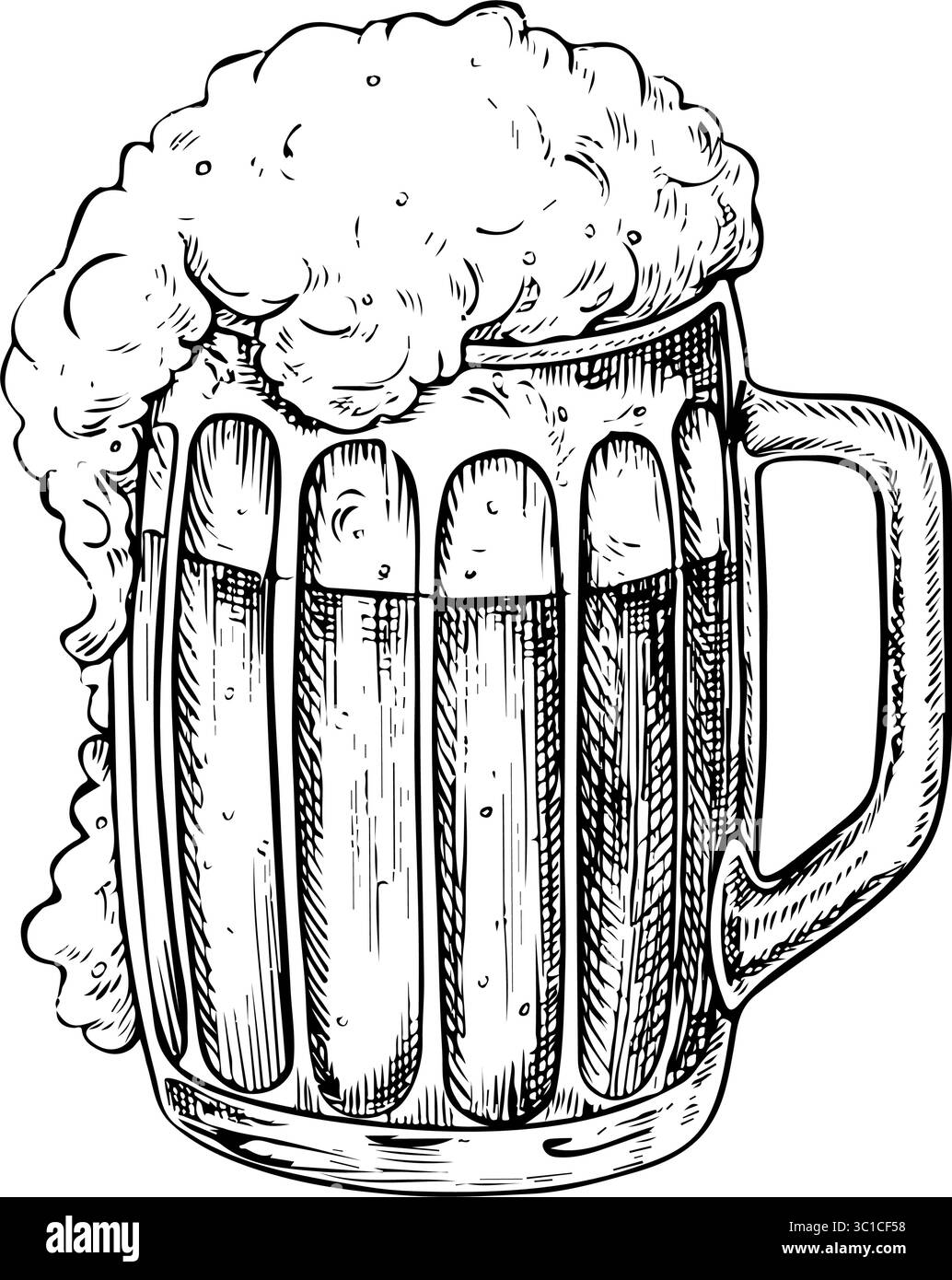Tazza in vetro con birra e schiuma. Illustrazione grafica vettoriale in bianco e nero. Elemento grafico disegnato a mano evidenziato su sfondo bianco. Per Illustrazione Vettoriale