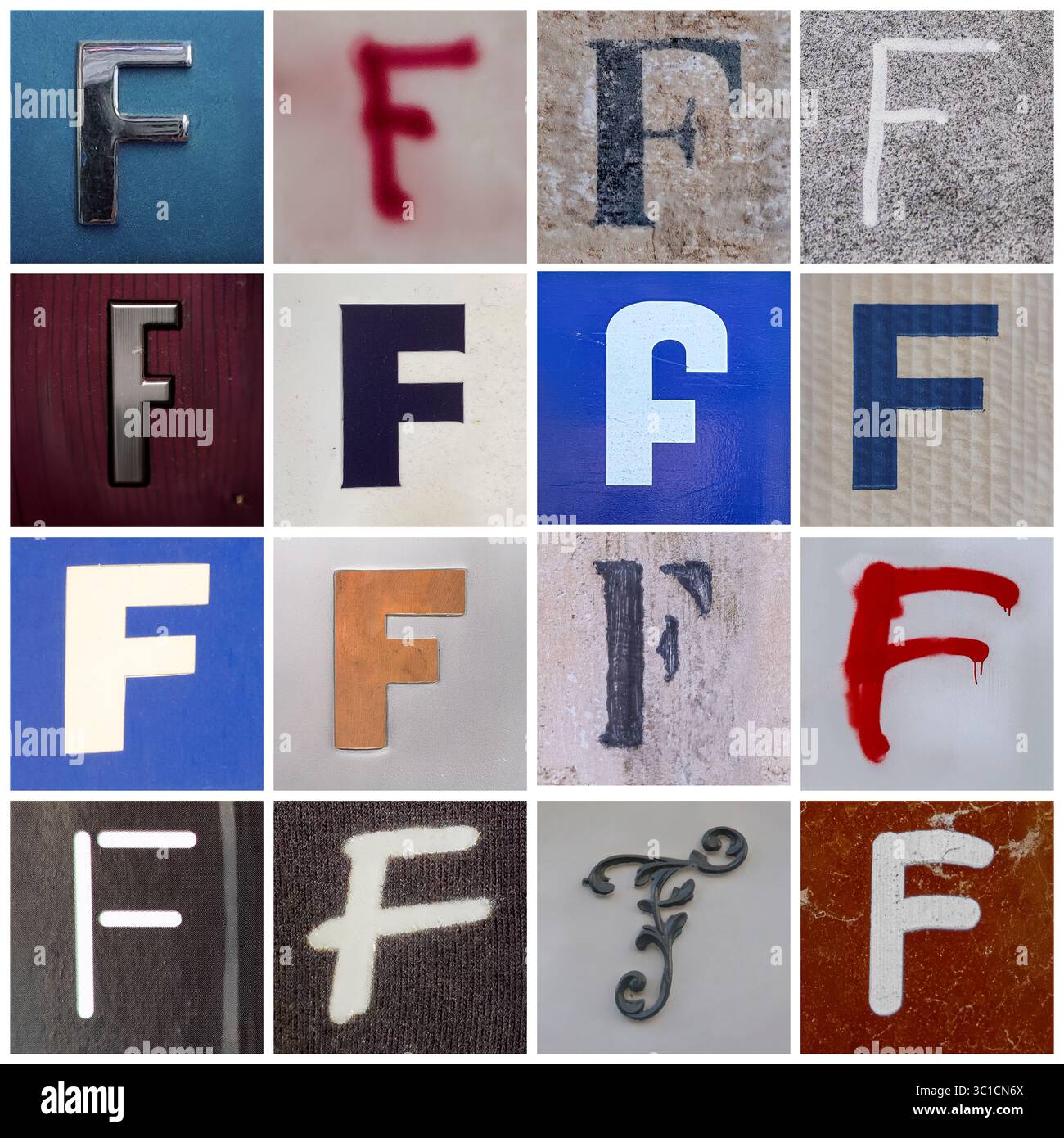 Raccolta di 16 lettere maiuscole scattate sulle strade urbane Foto Stock