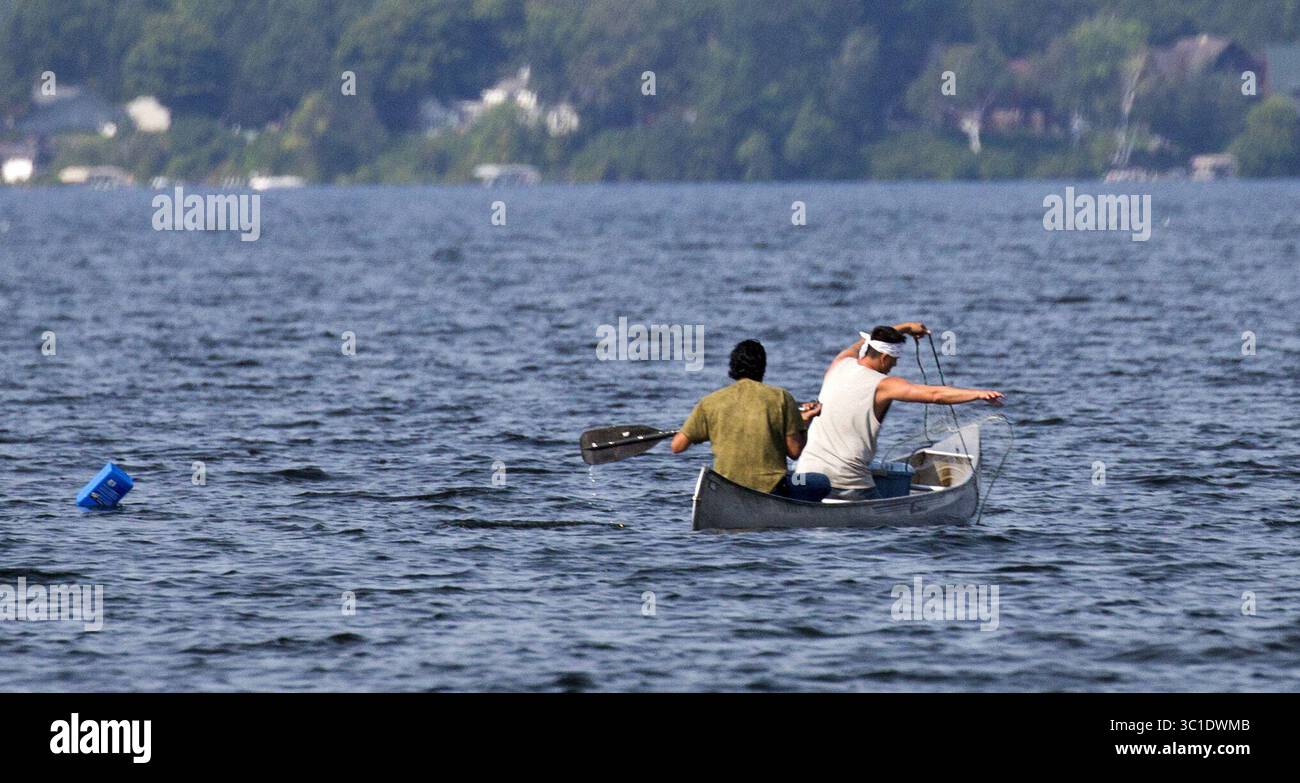 28 agosto 2015 - Nisswa, Minnesota, Stati Uniti - i nativi americani Jim Northrup (a sinistra) e Todd Thompson (a destra) hanno installato una rete sul lago Gull venerdì mattina. I due furono citati per aver preso pesce con metodi illegali e il DNR tirò le reti. Due membri tribali che hanno tentato di pescare sul lago Gull venerdì sono stati cacciati dal lago e hanno dato citazioni da ufficiali di conservazione dello stato che hanno poi tirato la rete lunga 200 piedi dall'acqua e l'hanno portata via. Nisswa, Minnesota - 8/27/2015 (immagine di credito: Brian Peterson/Minneapolis Star Tribune/TNS via cavo ZUMA) Foto Stock 28 agosto 2015 - Nisswa, Minnesota, Stati Uniti - i nativi americani Jim Northrup (a sinistra) e Todd Thompson (a destra) hanno installato una rete sul lago Gull venerdì mattina. I due furono citati per aver preso pesce con metodi illegali e il DNR tirò le reti. Due membri tribali che hanno tentato di pescare sul lago Gull venerdì sono stati cacciati dal lago e hanno dato citazioni da ufficiali di conservazione dello stato che hanno poi tirato la rete lunga 200 piedi dall'acqua e l'hanno portata via. Nisswa, Minnesota - 8/27/2015 (immagine di credito: Brian Peterson/Minneapolis Star Tribune/TNS via cavo ZUMA) Foto Stock