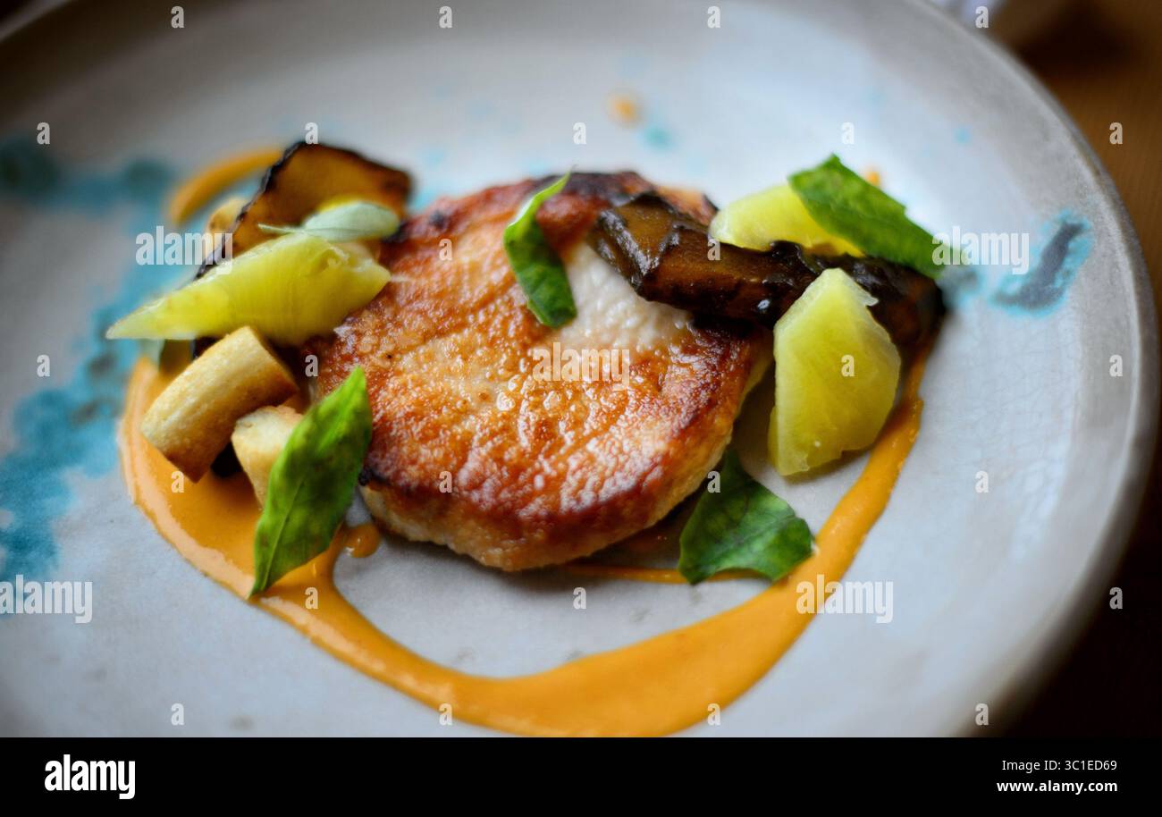 8 gennaio 2016 - MPLS, Minnesota, Stati Uniti - maiale con gnocchi masa, zucca e mojo de ajo. Venerdì 8 gennaio 2015 Co-op Creamery Cafe, il nuovo ristorante per colazione, pranzo e cena lanciato dal Seward Coop e caratterizzato da una cucina vivace e vivace dello chef Lucas Almendinger. (Immagine di credito: Glen Stubbe/Minneapolis Star Tribune/TNS via cavo ZUMA) Foto Stock