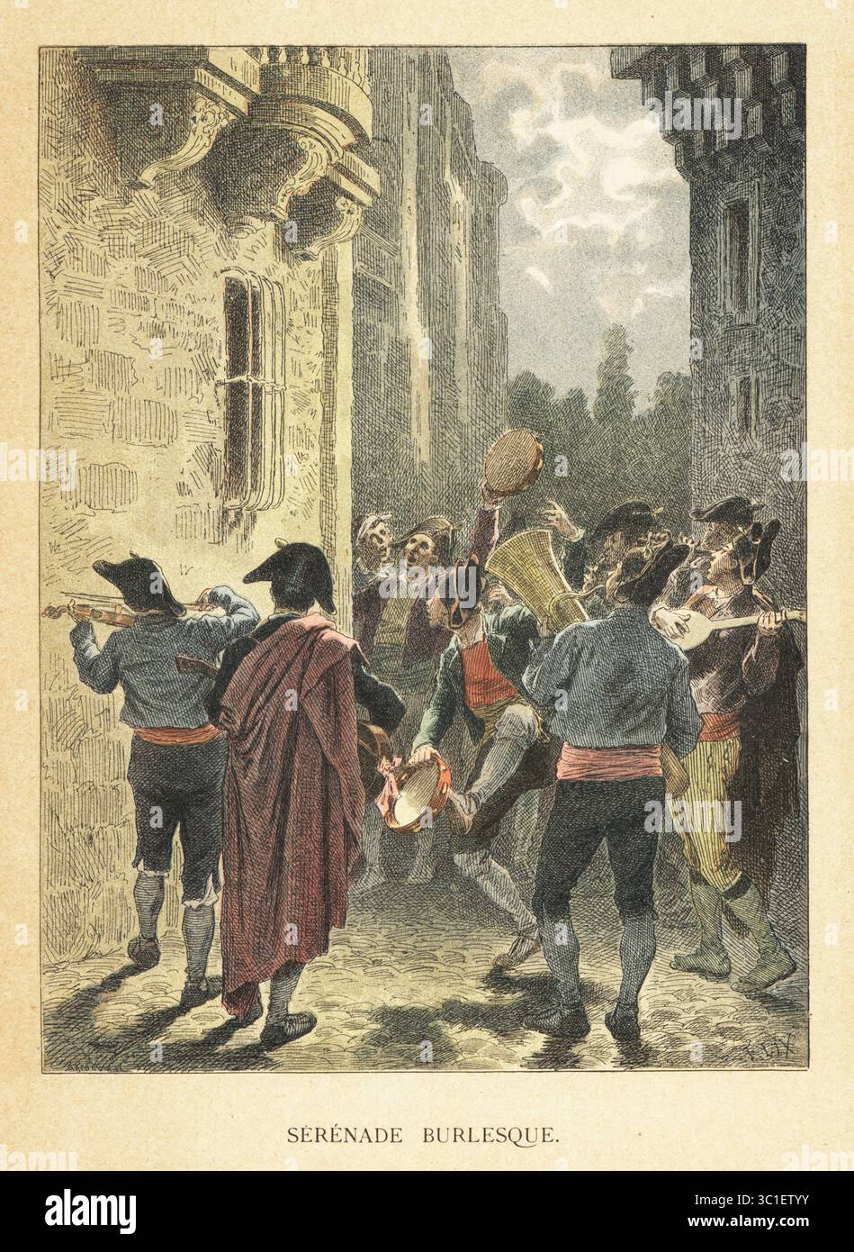 Una banda di trovatori serenata sotto un balcone di notte, Spagna. Musicisti in cappelli bicorne, mantelli, bretelle e ghette, che cantano e suonano violino, chitarra, corno e tamburelli. Serenade burlesque. Cromolitografia di S. Krakow dopo un'illustrazione di Frederic Lix da Les Peuples de la terre di Charles Delon, Peoples of the Earth, Parigi, 1890. Foto Stock
