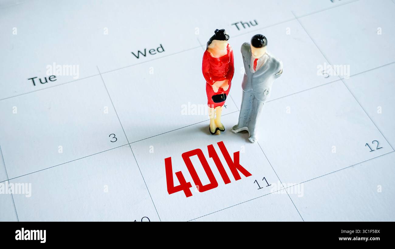 Abbinare le figure su un calendario con 401k testo di pianificazione pensionistica Foto Stock