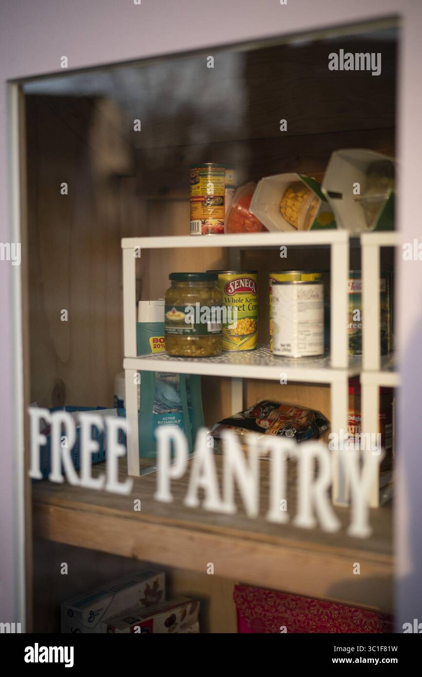 3 gennaio 2019 - St. Paul, Minnesota, U.S.A - alcuni dei prodotti del Little Free Pantry Jamie Hendricks sono stati riforniti nel suo cortile di fronte. ....Nel North End di St. Paul Jamie Hendricks ha iniziato una "piccola dispensa gratuita", come l'onnipresente "piccola biblioteca gratuita", ma per cibo e beni domestici come dentifricio e pannolini. E' uno sforzo informale di quartiere, rifornito dagli Hendricks e da chiunque voglia contribuire, con la gente benvenuta a prendere quello di cui ha bisogno. È stata fotografata giovedì pomeriggio, 3 gennaio 2019. (Immagine di credito: Jeff Wheeler/Minneapolis Star Tribune/TNS via Z Foto Stock