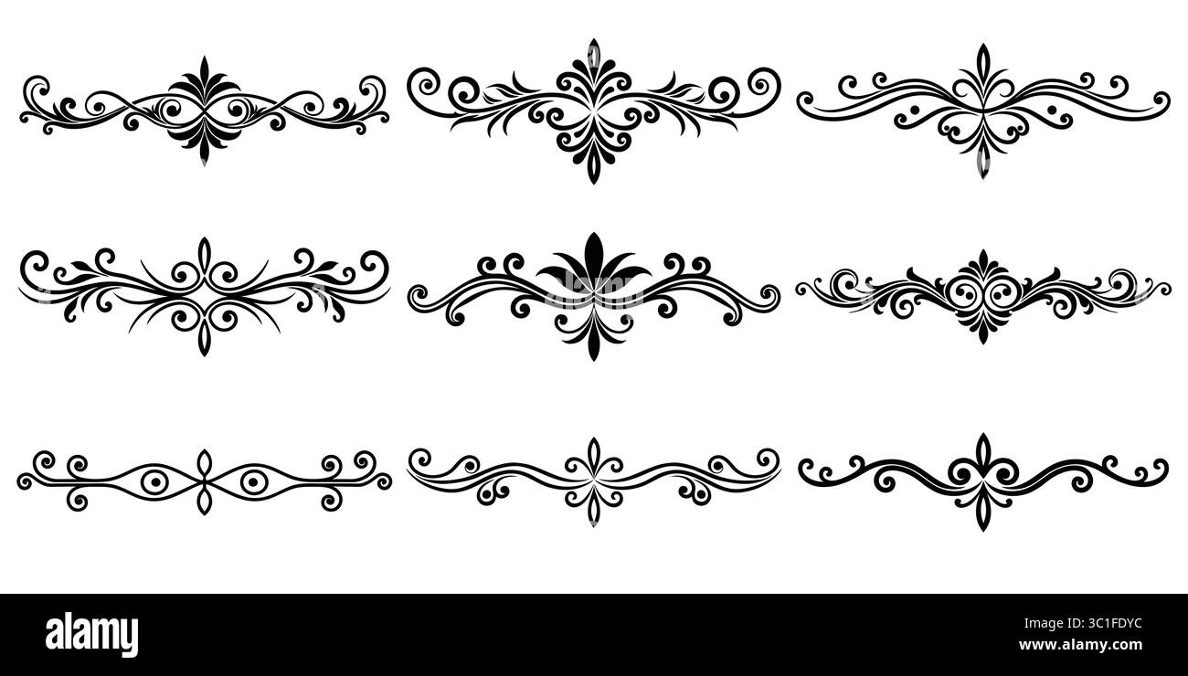 L'eleganza fiorisce. Design a turbolenza, elementi decorativi, stile vintage, perfetto per inviti o loghi. linea divisoria, design decorativo Illustrazione Vettoriale
