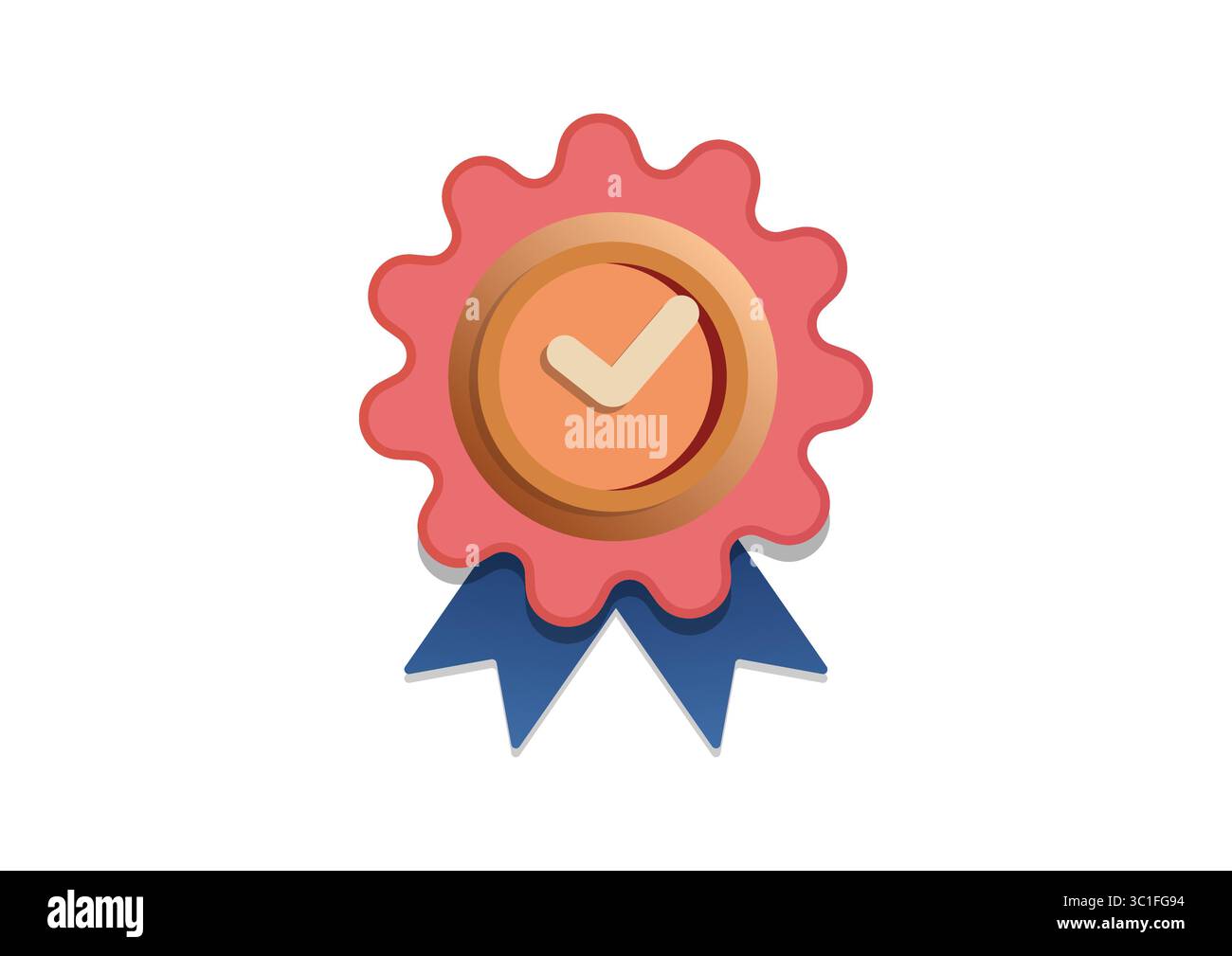 Distintivo premio rosa con nastro blu e segno di spunta - icona simbolo vettore certificato Illustrazione Vettoriale