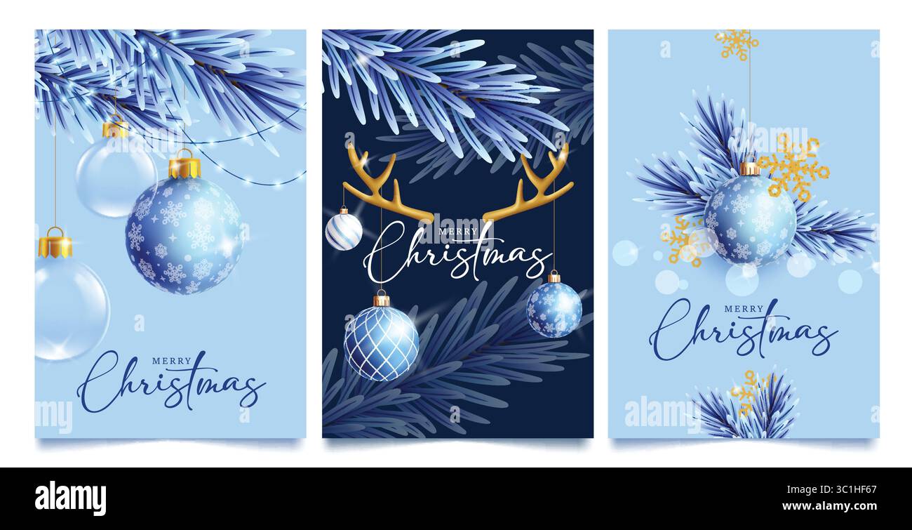 Design del poster degli appunti di auguri natalizi. Buon Natale con clip art di testo con foglie di abete blu, palle di Natale appese e fiocchi di neve Illustrazione Vettoriale