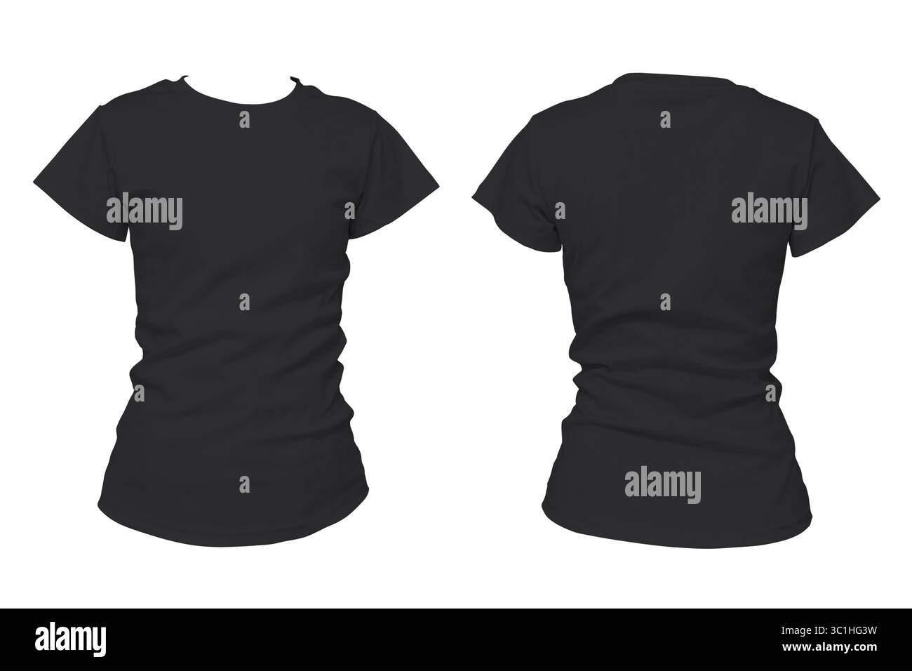 T-shirt nera a manica corta con vista frontale e posteriore su sfondo bianco. Mockup casual di abbigliamento vuoto per presentazioni di moda o di design stampato. Isola Foto Stock