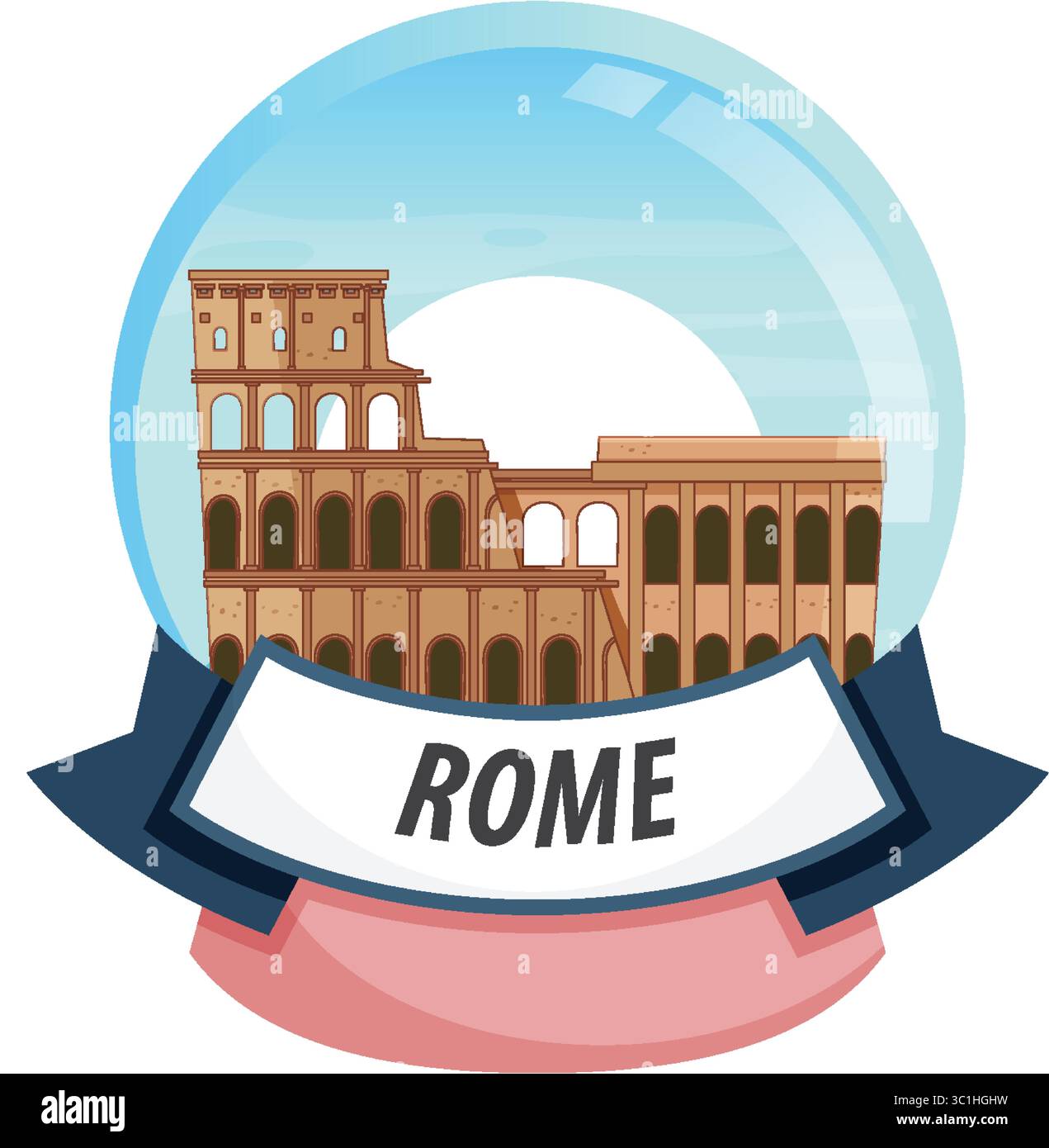 Illustrazione vettoriale del Colosseo di Roma all'interno di un globo di neve. Presenta colori vivaci e uno stile pulito e moderno Illustrazione Vettoriale