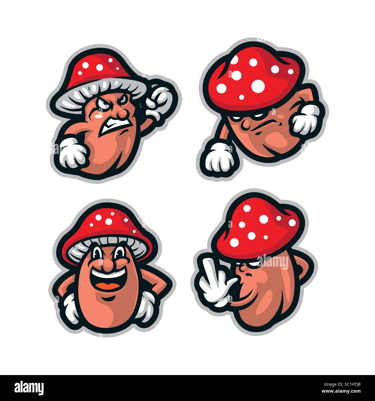 Design vettoriale del logo della mascotte a funghi con design moderno per la stampa di badge, emblemi e t shirt. Illustrazione della confezione di adesivi per funghi. Illustrazione Vettoriale
