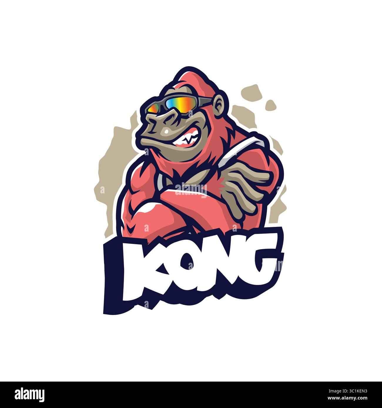 Design con logo Kong mascotte e moderno stile grafico per la stampa di badge, stemmi e t shirt. Illustrazione Smart gorilla. Illustrazione Vettoriale