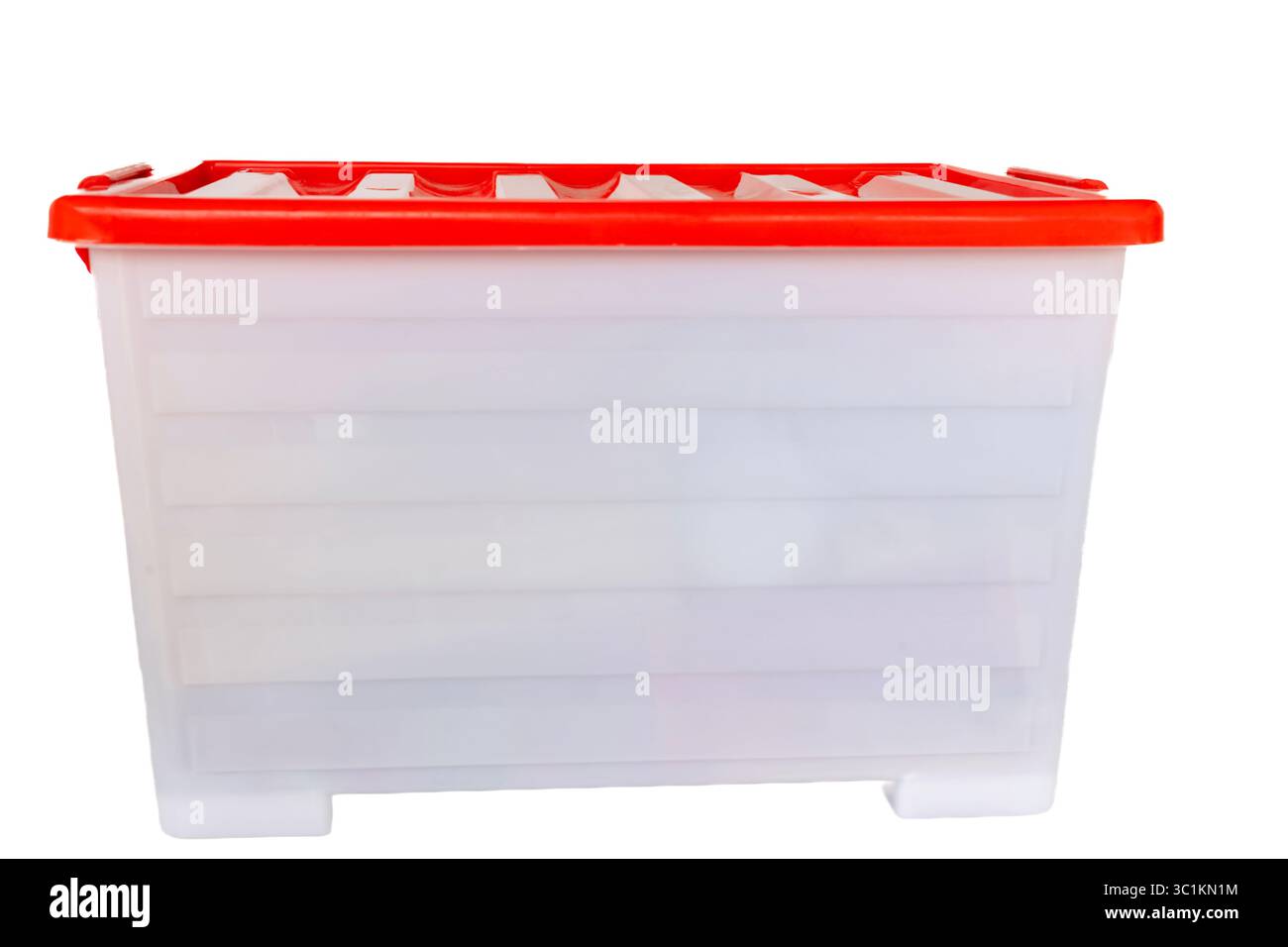 Comparto portaoggetti Organizer in plastica con coperchio rosso Vista laterale con spazio vuoto per testo Foto Stock