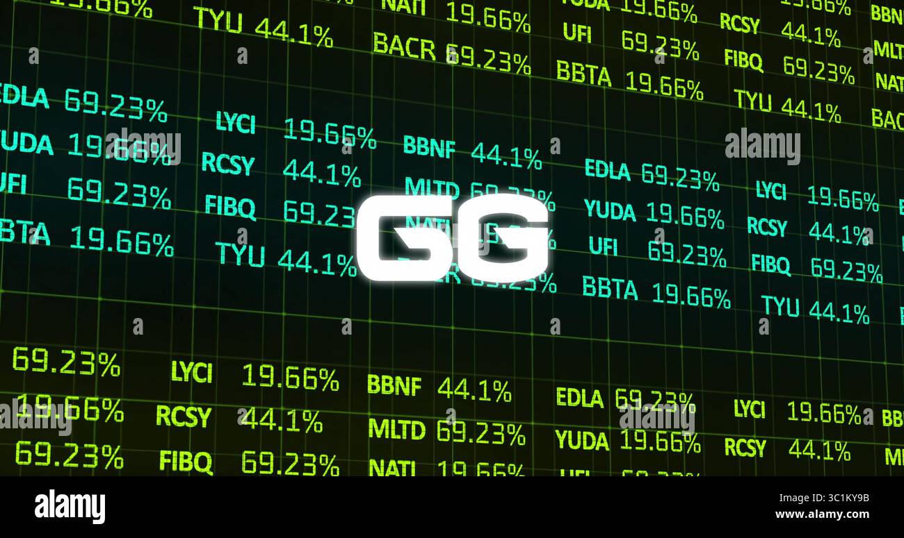 Mostra il logo GG bianco brillante stilizzato che si illumina sullo schermo della griglia digitale con i ticker e le percentuali Foto Stock