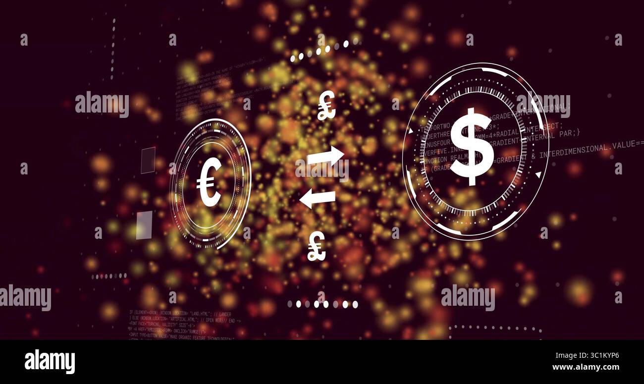 Con cambio valuta fluttuante nell'interfaccia digitale, con icone di euro, dollaro e sterlina Foto Stock