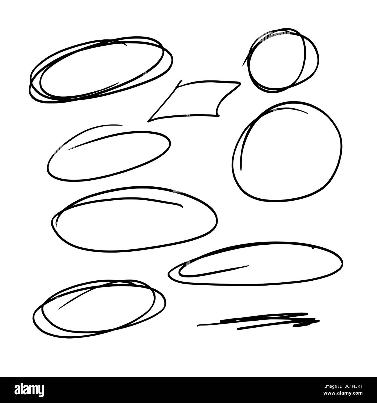 Linea circolare, stile disegnato a mano, schizzo in bianco e nero. Illustrazione vettoriale. Il doodle è in forma di cerchi di forme diverse, isolati sul bianco Illustrazione Vettoriale