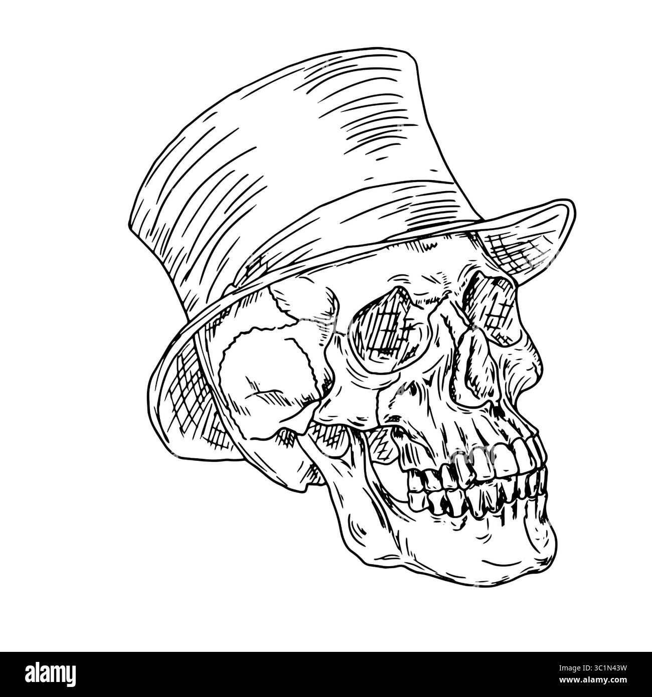 Teschio di un uomo morto in un cappello tsilinde, schizzo in bianco e nero. Illustrazione vettoriale. Testa zombie con occhielli, isolata su sfondo bianco. per Illustrazione Vettoriale