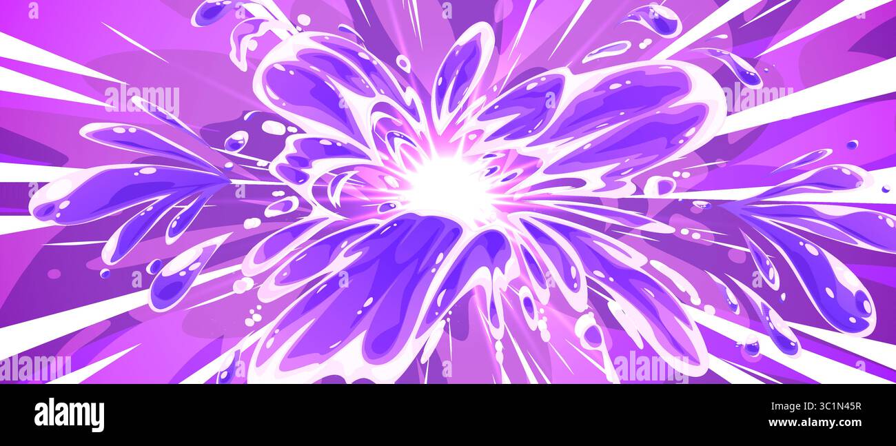 L'esplosione degli anime è esplosa con flussi di energia viola radianti che scorrono verso l'esterno dal nucleo centrale luminoso. Impatto dinamico in stile comico con un potente effetto esplosivo che diffonde onde onde onde d'acqua nelle scene d'azione manga. Illustrazione Vettoriale