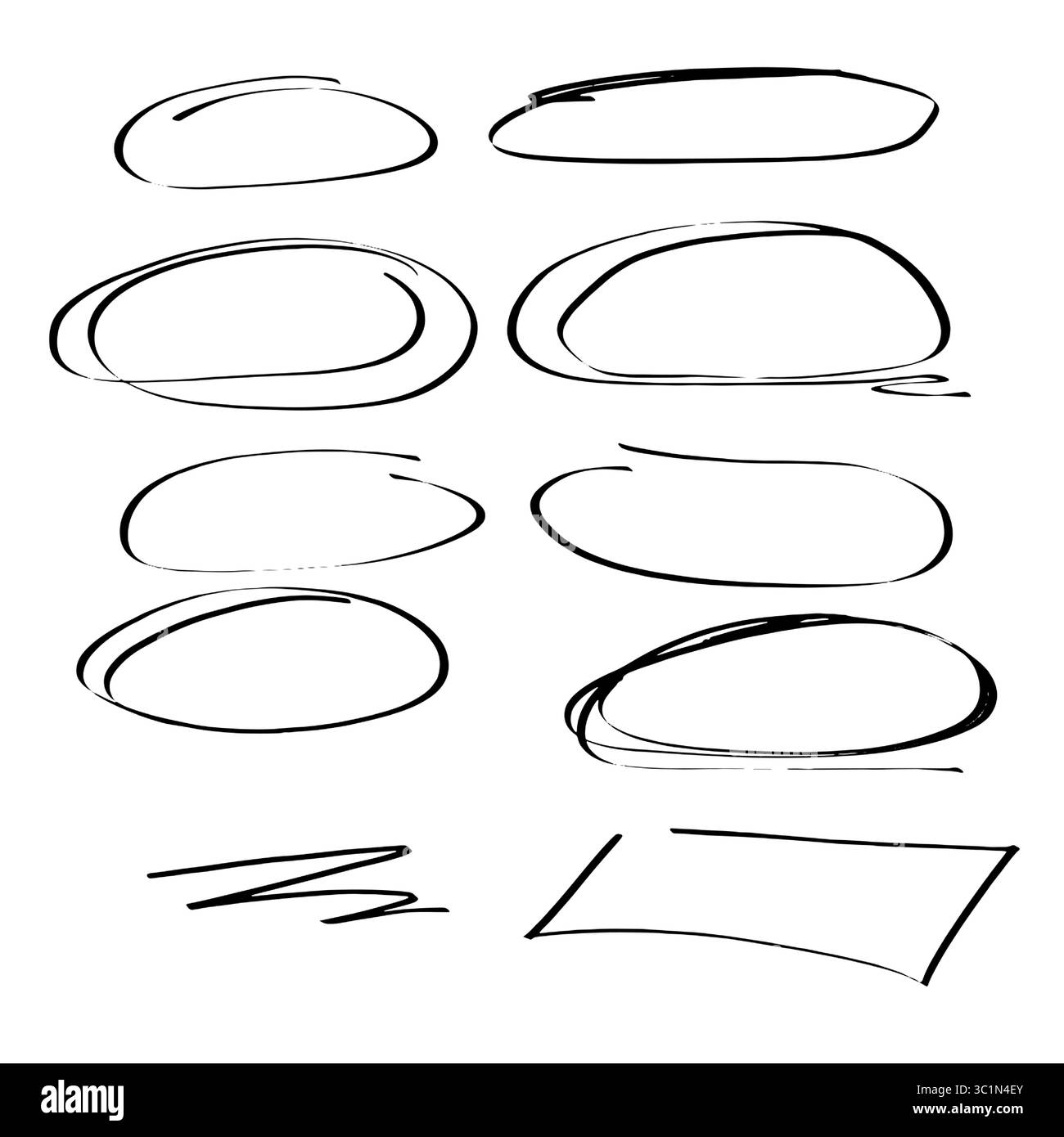 Linea circolare, stile disegnato a mano, schizzo in bianco e nero. Illustrazione vettoriale. Il doodle è in forma di cerchi di forme diverse, isolati sul bianco Illustrazione Vettoriale