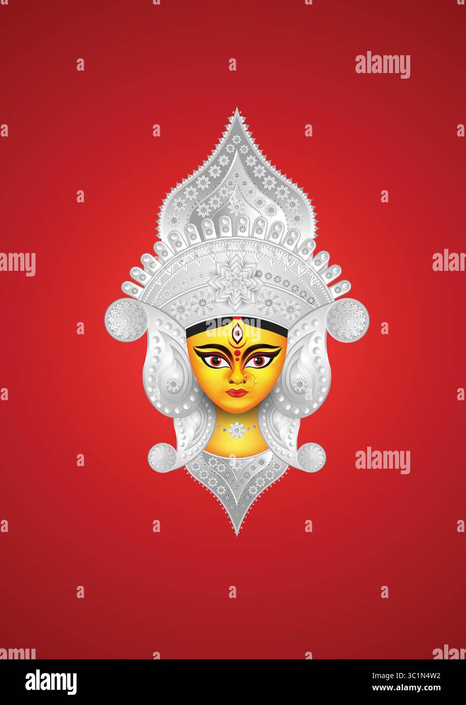Durga Puja Banner Vector con Goddess Durga Face - vibrante opera d'arte modificabile che raffigura il volto divino della dea Durga, ideale per striscioni di festival. Illustrazione Vettoriale