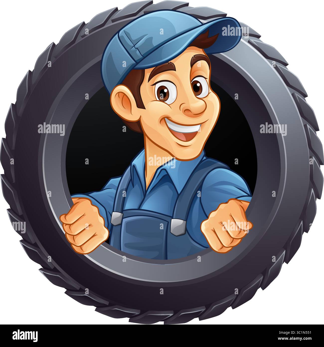 Pneumatico pneumatico meccanico per l'assistenza auto Mascotte Cartoon Man Illustrazione Vettoriale