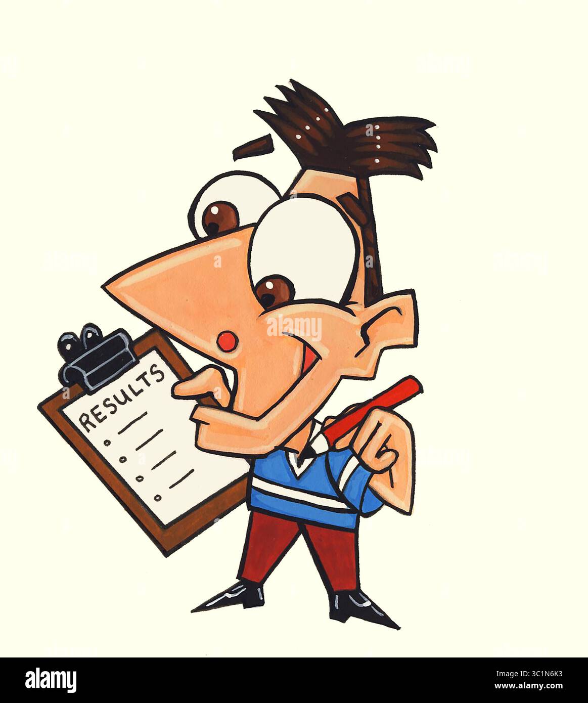 Uomo con appunti e matita negli appunti legge i risultati, test di prodotti artistici di riviste, sondaggio sui componenti elettrici, servizio caldaie, sondaggio sull'acquisto di case Foto Stock