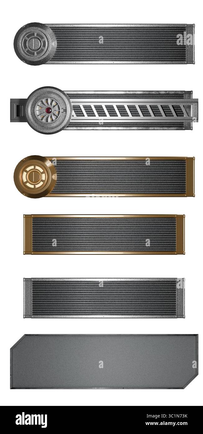 Set di rendering 3d di futuristici striscioni metallici con design fantascientifico e industriale, ideale per interfacce HUD, elementi dell'interfaccia utente di gioco, etichette o cifre Foto Stock
