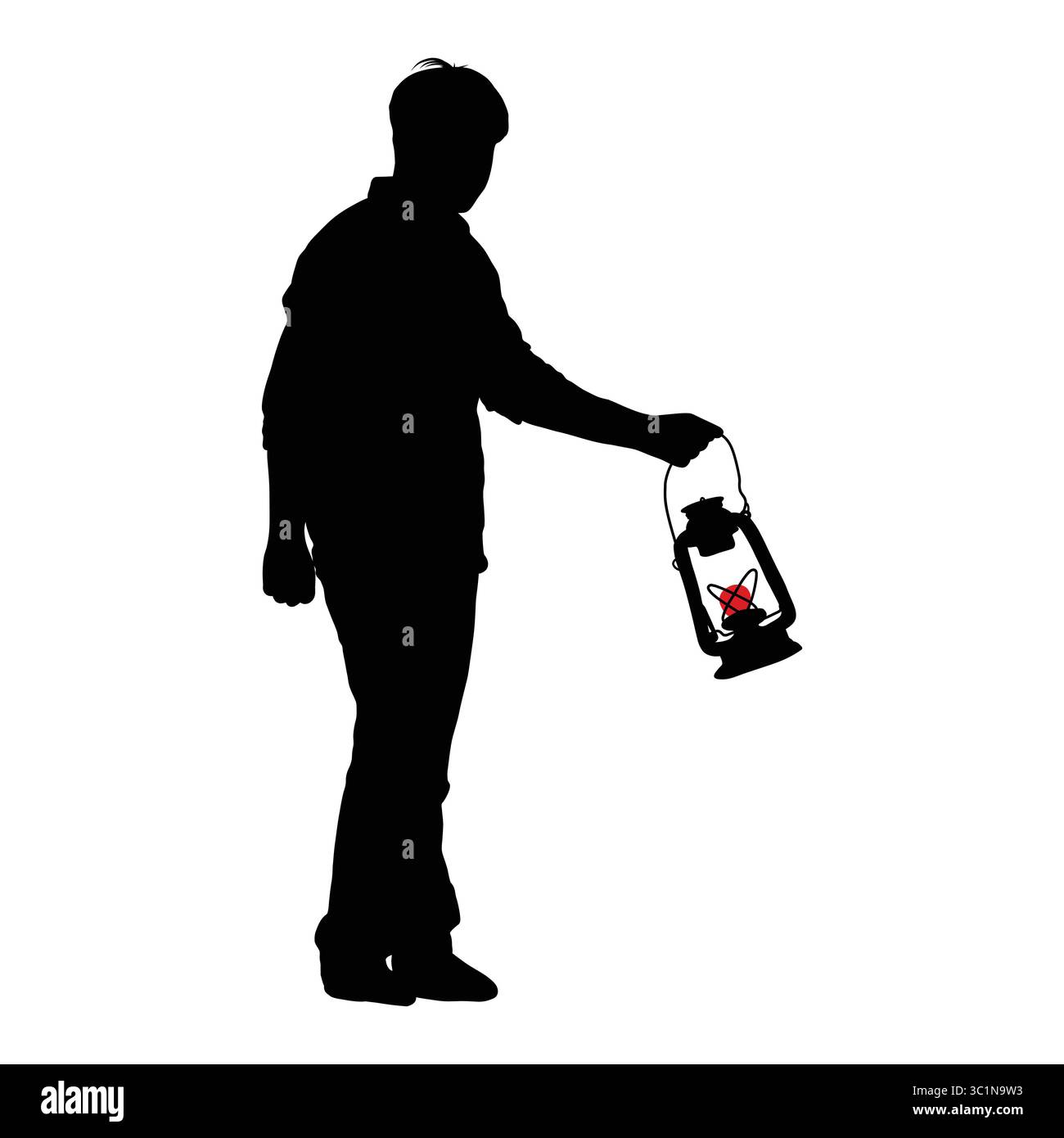 Silhouette di uomo che regge una lanterna d'epoca con luce brillante Illustrazione Vettoriale