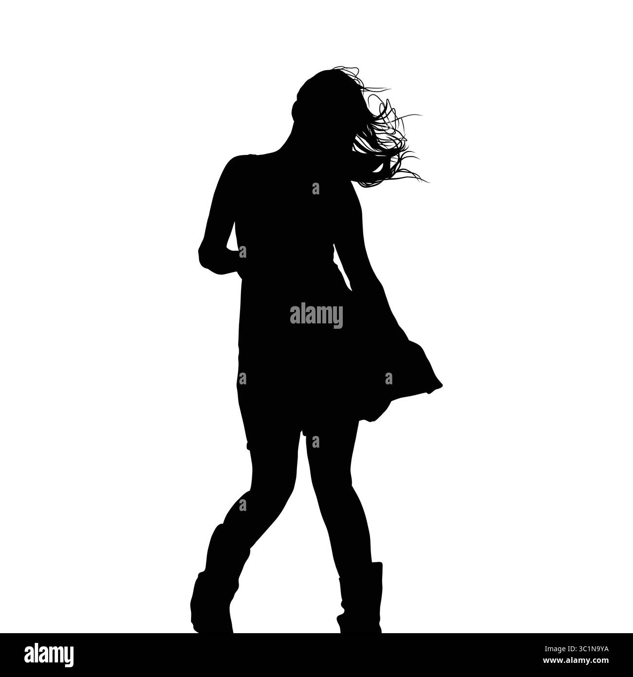 Silhouette di giovane donna che ballano in abito con capelli soffiati dal vento Illustrazione Vettoriale