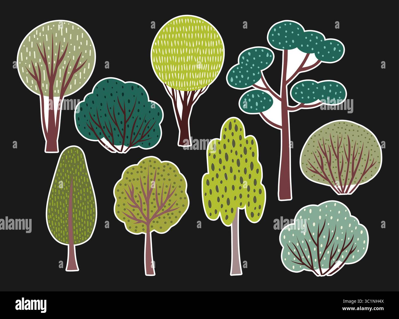 Illustrazione vettoriale piatta con una collezione di adesivi isolati con alberi e cespugli in stile cartone animato con dettagli testurizzati disegnati a mano. Playfu Illustrazione Vettoriale