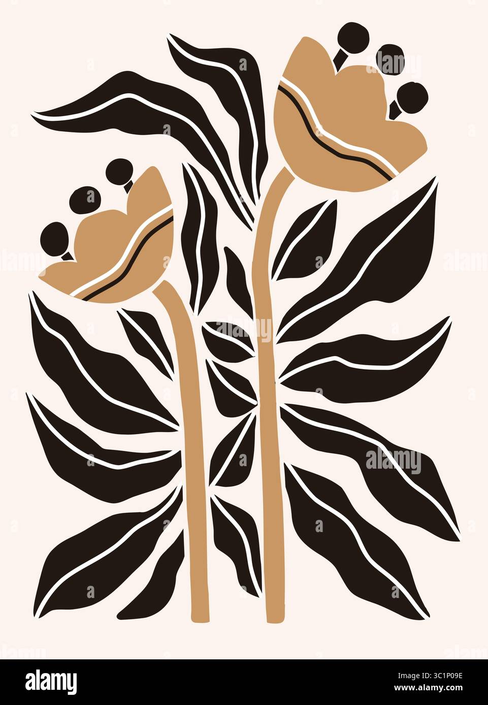 Illustrazione piatta ispirata allo stile ritagliato di Henri Matisses con fiori e foglie astratte monocromatiche vettoriali, disegnati a mano e isolati su un dorso bianco Illustrazione Vettoriale