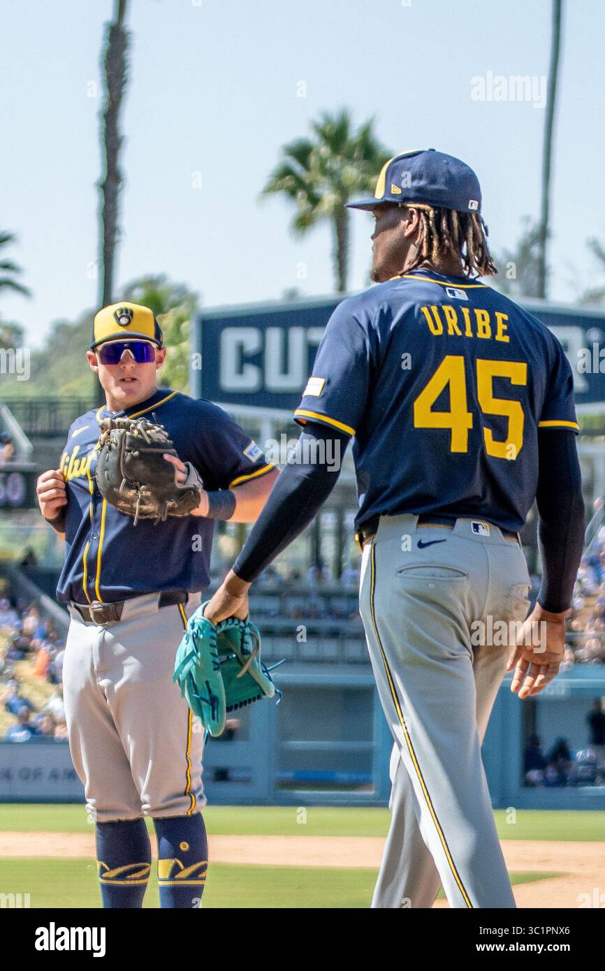 Il lanciatore di rilievo dei Milwaukee Brewers Abner Uribe (45) ottiene l'Out nel nono inning durante una partita della Major League Baseball al Dodger Stadium domenica 20 luglio 2025 a Los Angeles, California. I Brewers sconfissero i Dodgers 6-5. (Aliyah Navarro/immagine dello sport) Foto Stock