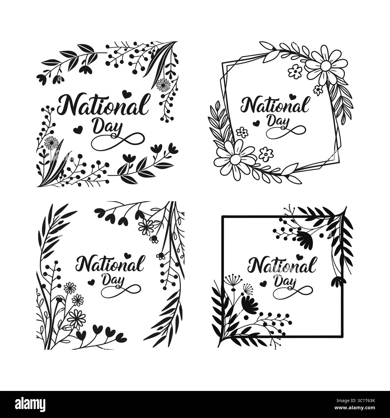 Composizioni illustrate con testo della giornata Nazionale in eleganti cornici ornate da dettagli floreali e botanici, ideali per progetti di design celebrativo Illustrazione Vettoriale