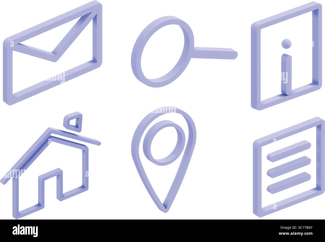 Moderno set di icone di linea icometrica 3D con sei simboli essenziali di interfaccia Web in viola. Isolato. Illustrazione Vettoriale