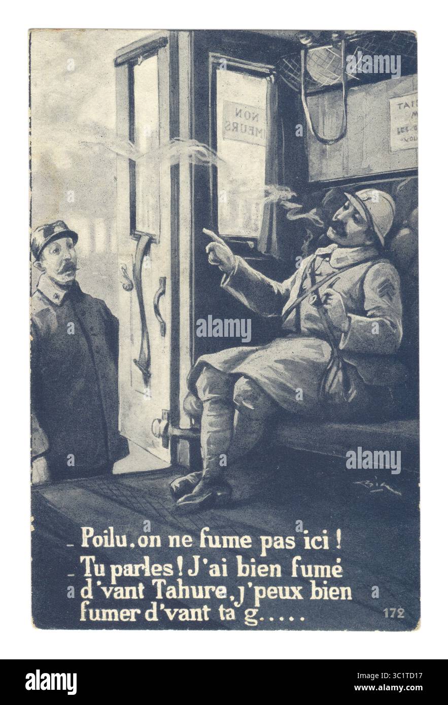 Cartolina francese della prima guerra mondiale: Il sergente capo Poilu fuma pipa e discute con il conduttore sul divieto di fumare nello scomparto del treno Foto Stock