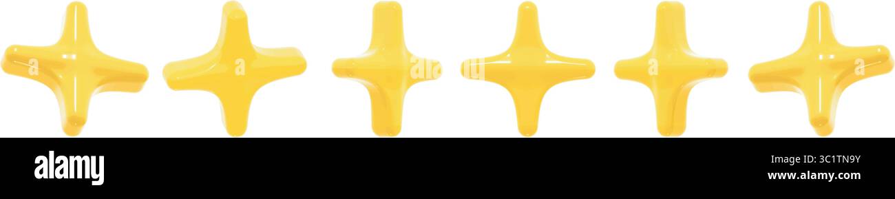 Un set di 6 icone a stella vettoriale gialle lucide in uno stile cartoni animati 3D. Ogni stella presenta sottili variazioni di rotazione e prospettiva. Illustrazione Vettoriale