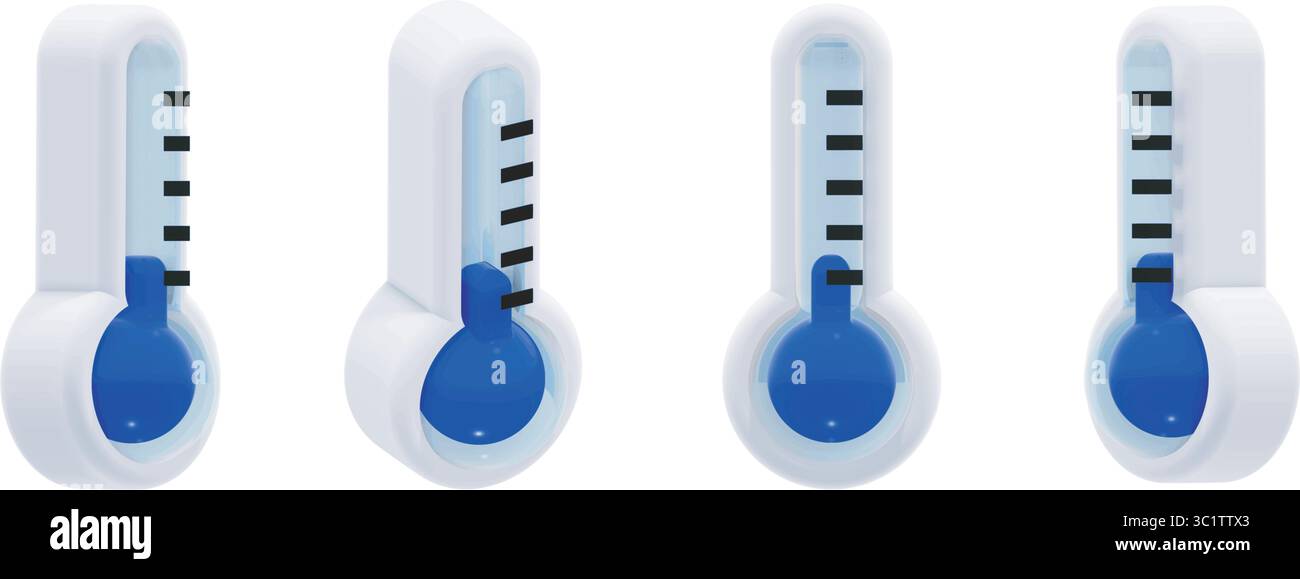 icona meteo termometro vettoriale 3d, temperatura fredda globale in blu. Include quattro diverse angolazioni. Look moderno e lucido, ideale per le applicazioni meteo. Illustrazione Vettoriale
