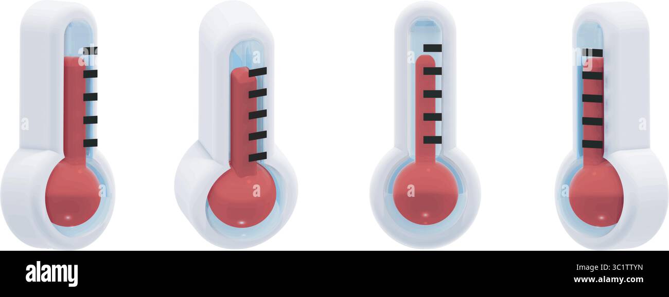 icona meteo termometro vettoriale 3d, temperatura calda del riscaldamento globale in rosso. Include quattro diverse angolazioni. Look moderno e lucido, ideale per le applicazioni meteo. Illustrazione Vettoriale