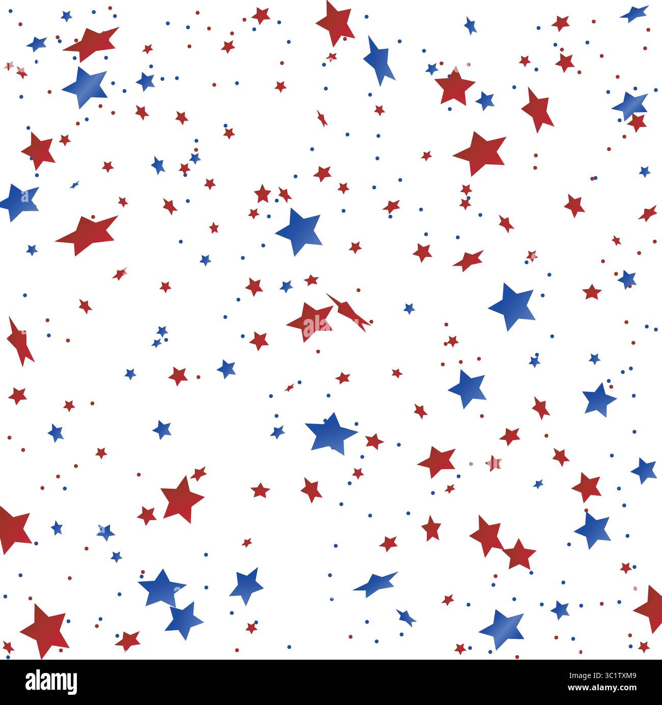 Festa 4 luglio design con stelle e coriandoli cadenti rosse e blu, isolati. Questo rivestimento patriottico è perfetto per il giorno dell'indipendenza. Illustrazione Vettoriale